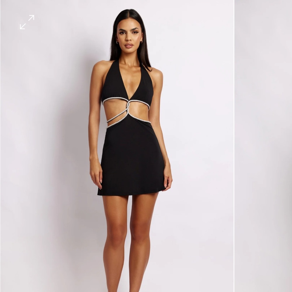 MESHKI Black Diamanté Cutout Halter Dress SM
